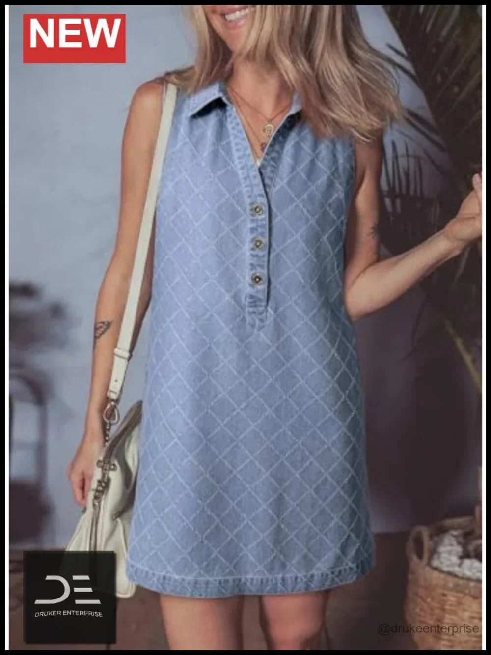 Denim Dress with Pockets Sleeveless V-Neck Button Front